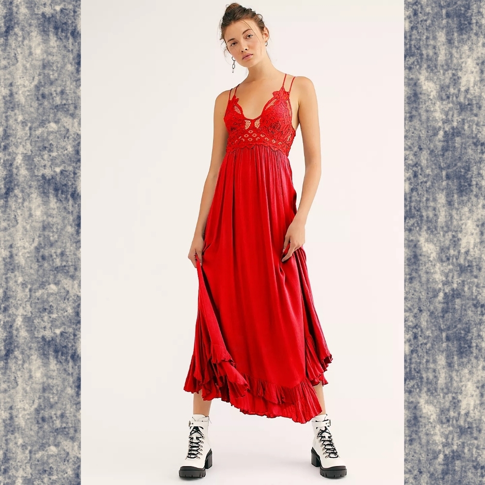 Free People FP ONE Adella Crochet lace gauzy maxi midi dress summer strappy red - Picture 2 of 16